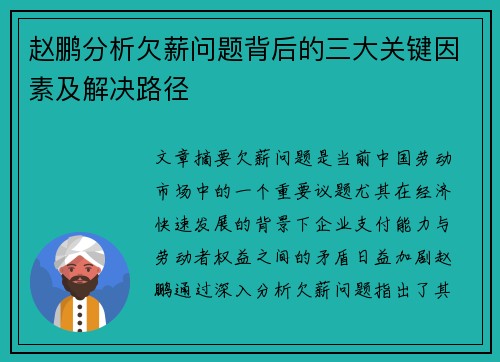 赵鹏分析欠薪问题背后的三大关键因素及解决路径