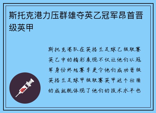 斯托克港力压群雄夺英乙冠军昂首晋级英甲 斯托克港力压群雄夺英乙冠军昂首晋级英甲