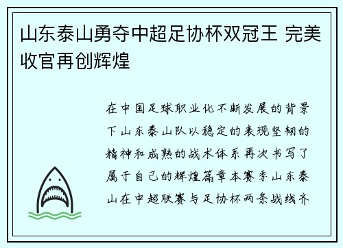 山东泰山勇夺中超足协杯双冠王 完美收官再创辉煌